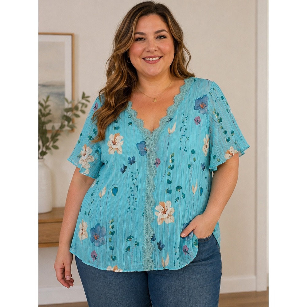 Turquoise Floral Lace Trim Plisse Blouse Short Sleeve V-Neck Top XXL